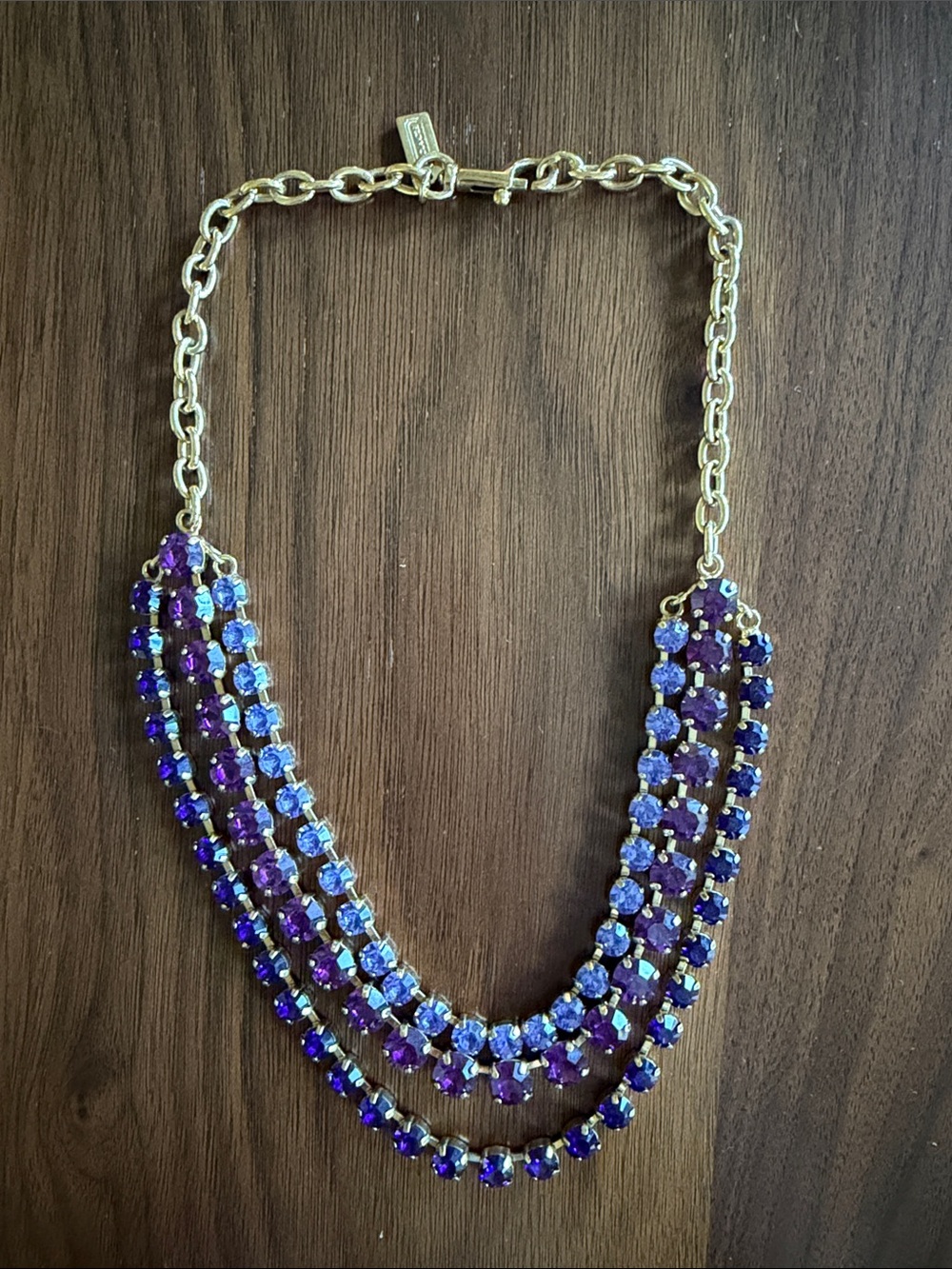 Coach Gold-Tone Purple & Blue Crystal Three-Row Statement Necklace